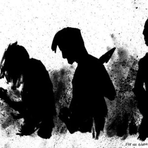 Monochrome live concert ink painting featuring three dark silhouettes of the metal band Der Weg einer Freiheit by artist Kim Diaz Holm.