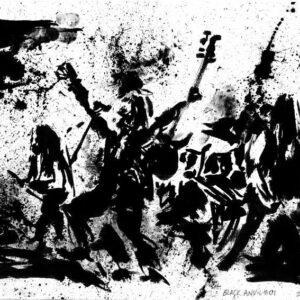 Monochrome live concert ink painting of black metal band Black Anvil with explosive splatters and a raised guitar by artist Kim Diaz Holm.