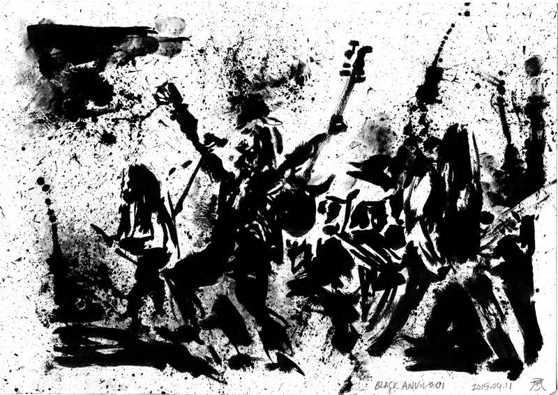 Black Anvil live black thrash metal concert painting by Kim Diaz Holm Monochrome live concert ink painting of black metal band Black Anvil with explosive splatters and a raised guitar by artist Kim Diaz Holm.