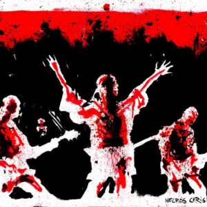 Red and black ink live concert painting of death metal band Necros Christos with white negative space silhouettes by Kim Diaz Holm.