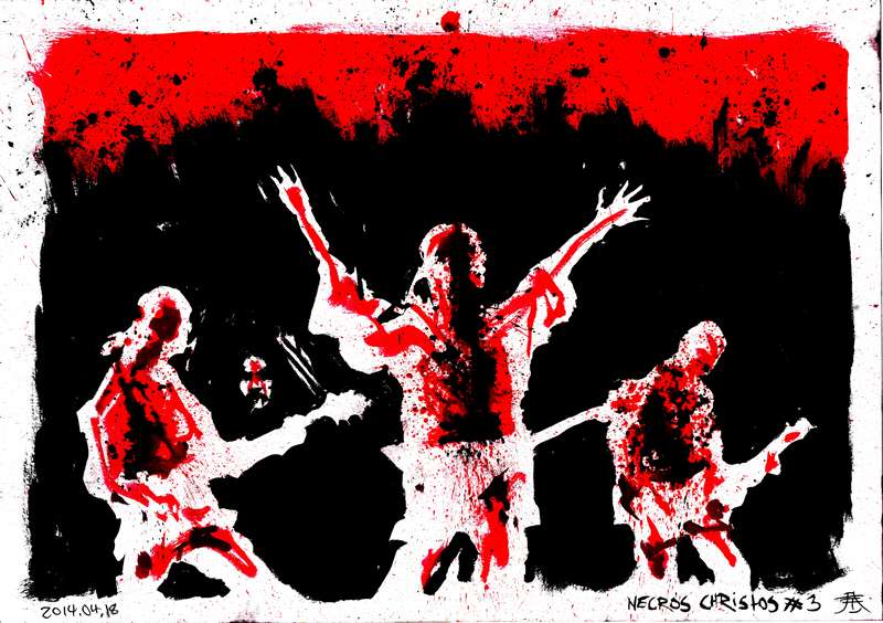 Necros Christos live occult death metal red painting by Kim Diaz Holm Red and black ink live concert painting of death metal band Necros Christos with white negative space silhouettes by Kim Diaz Holm.