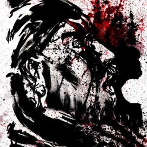 Detailed vertical ink and red watercolor profile portrait of a death metal vocalist live in concert by artist Kim Diaz Holm.