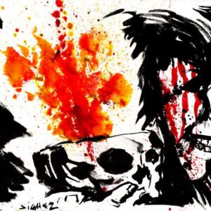 Expressionist orange and black ink live concert painting of Japanese metal band Sigh with a saxophone and fire by Kim Diaz Holm.