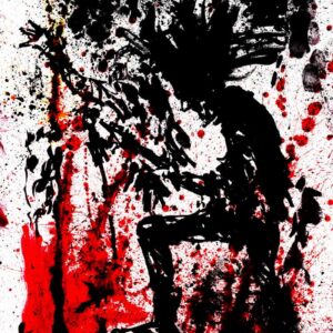 Vertical expressionist black ink and red splatter live concert painting of metal band Watain by artist Kim Diaz Holm.