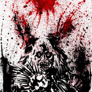 Vertical expressionist ink painting of metal band Nifelheim featuring a corpse paint portrait under a red orb by artist Kim Diaz Holm.
