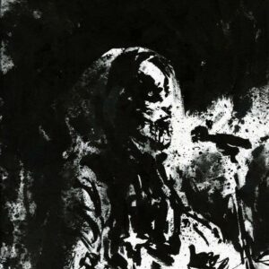 Black ink painting of a cloaked heavy metal keyboardist performing live on a dark, splattered stage by artist Kim Diaz Holm.
