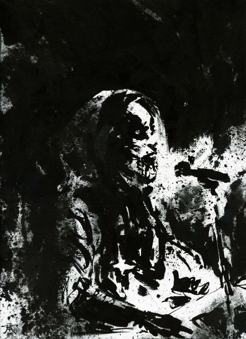 Extreme Metal Keyboardist Live Stage Ink Artwork by Kim Diaz Holm Black ink painting of a cloaked heavy metal keyboardist performing live on a dark, splattered stage by artist Kim Diaz Holm.