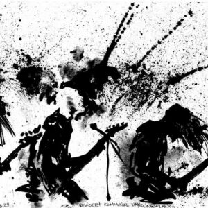 Monochrome live concert ink painting of noise metal band Revidert Kommunal Handlingsplan with diagonal splatters by Kim Diaz Holm.