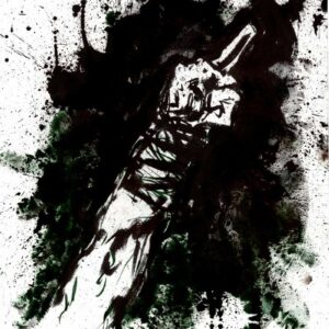 Vertical monochrome expressionist black ink live concert painting of metal band Primordial by artist Kim Diaz Holm.