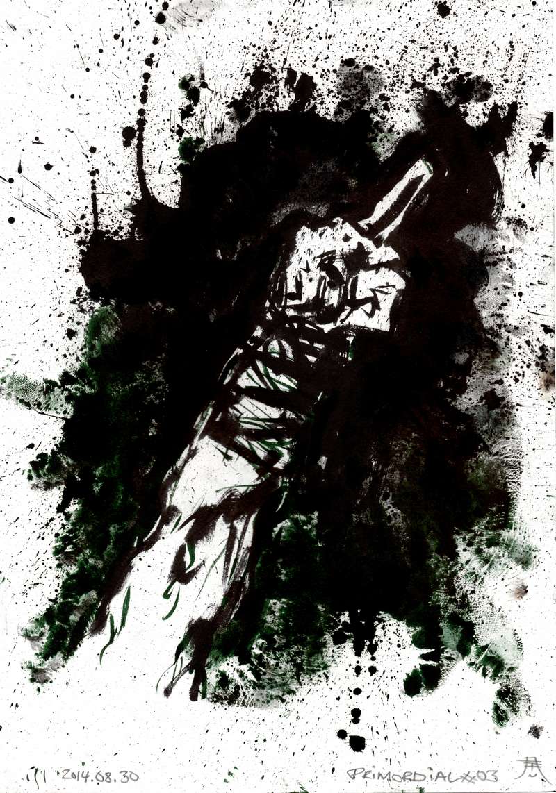 Primordial live pagan metal monochrome painting by Kim Diaz Holm Vertical monochrome expressionist black ink live concert painting of metal band Primordial by artist Kim Diaz Holm.