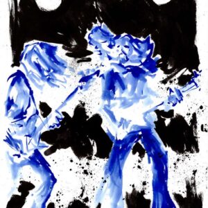Expressionist blue and black ink live concert painting of rock band Satans Satyrs by Norwegian artist Kim Diaz Holm.