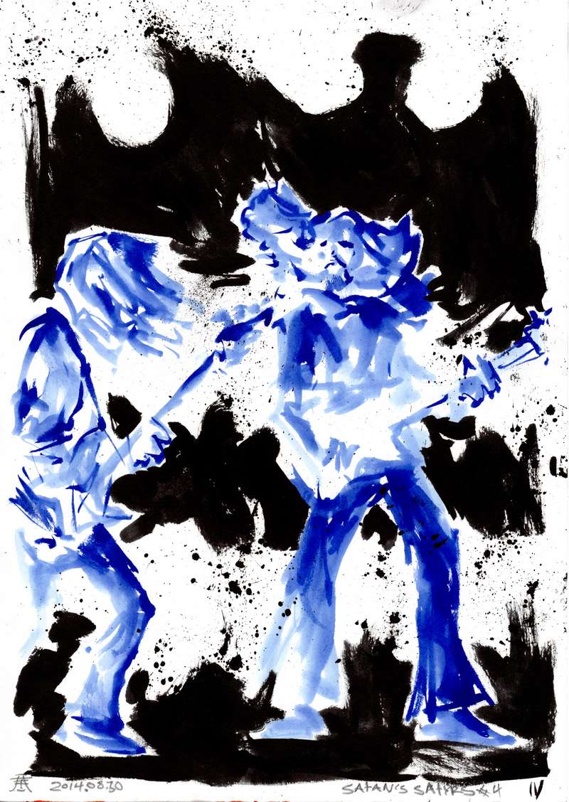 Satans Satyrs live psychedelic doom metal blue painting by Kim Diaz Holm Expressionist blue and black ink live concert painting of rock band Satans Satyrs by Norwegian artist Kim Diaz Holm.