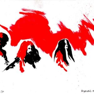 Horizontal expressionist black ink and red watercolor live concert painting of rock band Purson by artist Kim Diaz Holm.