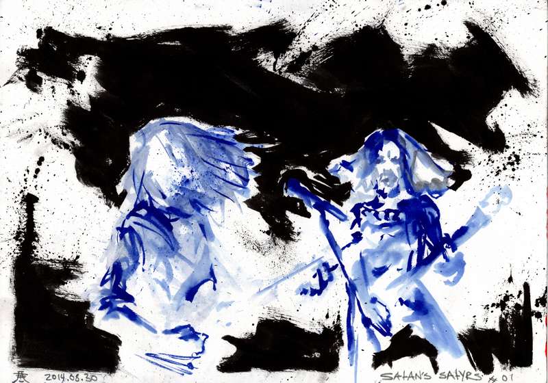 Satans Satyrs live psychedelic doom metal blue painting by Kim Diaz Holm Expressionist blue and black ink live concert painting of rock band Satans Satyrs by Norwegian artist Kim Diaz Holm.