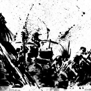 Horizontal monochrome ink painting of sludge metal band Hombre Malo performing live on stage by artist Kim Diaz Holm.