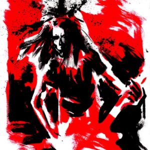 Vertical expressionist black ink and red watercolor live concert painting of doom metal band Yob by artist Kim Diaz Holm.