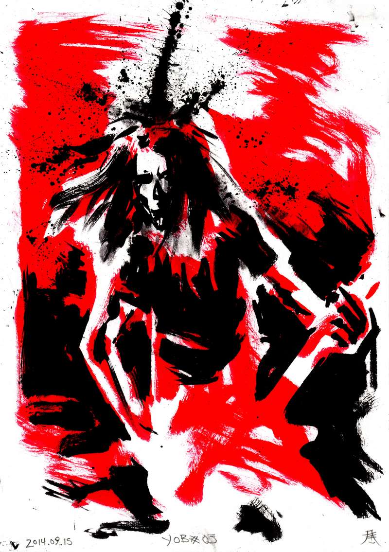 Yob live doom metal crimson ink painting by Kim Diaz Holm Vertical expressionist black ink and red watercolor live concert painting of doom metal band Yob by artist Kim Diaz Holm.