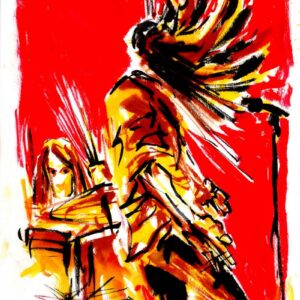 Vertical expressionist red, orange, and yellow ink live concert painting of rock band Warp Riders by artist Kim Diaz Holm.