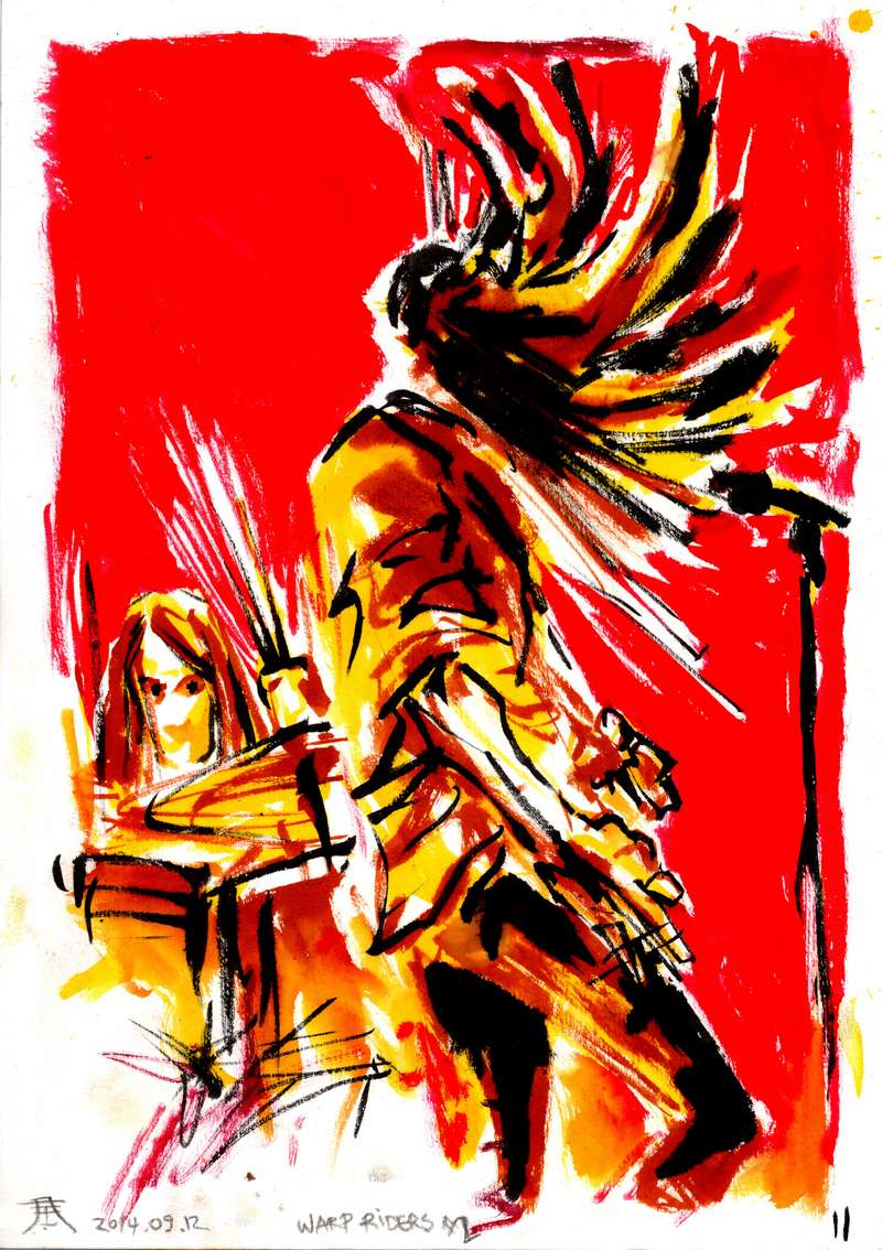 Warp Riders live stoner rock red yellow painting by Kim Diaz Holm Vertical expressionist red, orange, and yellow ink live concert painting of rock band Warp Riders by artist Kim Diaz Holm.