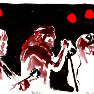 Horizontal ink expressionist live concert painting of metal band Valhall with three red light orbs by artist Kim Diaz Holm.