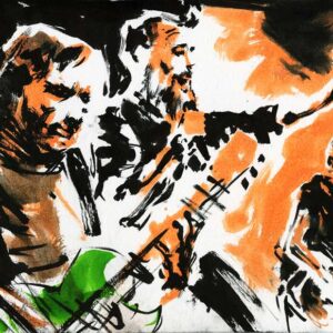 Ink and watercolor painting of an alternative metal band performing live with a green guitar and orange background by Kim Diaz Holm.