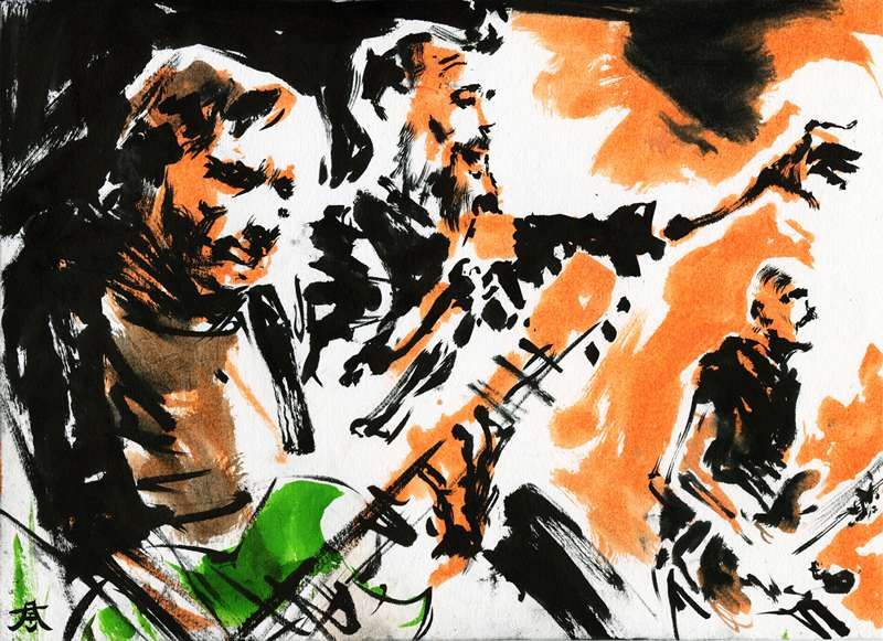 Stoner Rock Band Live Ink and Watercolor Artwork by Kim Diaz Holm Ink and watercolor painting of an alternative metal band performing live with a green guitar and orange background by Kim Diaz Holm.