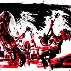 Horizontal expressionist black ink and red watercolor live concert painting of metal band Kongh by artist Kim Diaz Holm.