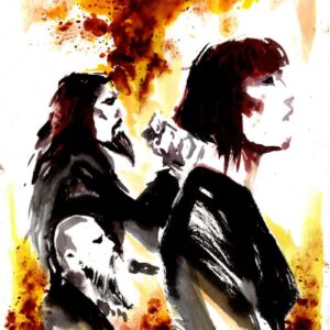 Nordic folk music band profile by Den Unge Herr Holm featuring dark musician silhouettes under a fiery orange backdrop.
