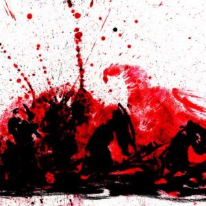 Extreme metal band gig layout by Den Unge Herr Holm featuring dark performance silhouettes under visceral red splatters.