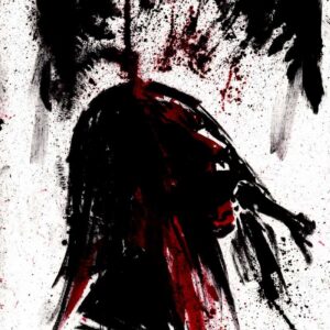 Black metal music screaming face by Den Unge Herr Holm featuring a dark profile under heavy ink textures and crimson droplets.
