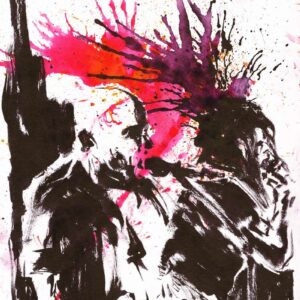 Extreme metal musicians live action by Den Unge Herr Holm featuring shouting singers under pink and purple splatters.