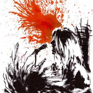 Crust punk band singer profile by Den Unge Herr Holm featuring a female vocalist under a massive orange ink explosion.