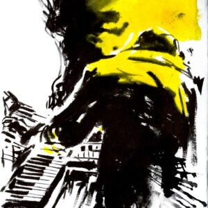 Heavy music keyboard player piece by Den Unge Herr Holm featuring a dark silhouette performing under vibrant yellow stage lighting.
