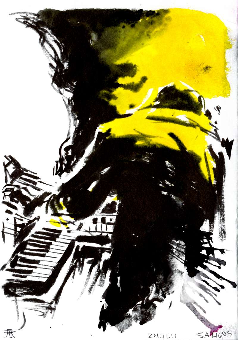 Heavy music keyboard player piece by Den Unge Herr Holm Heavy music keyboard player piece by Den Unge Herr Holm featuring a dark silhouette performing under vibrant yellow stage lighting.