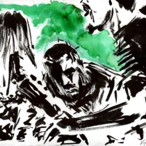 Sludge metal band stage shot by Den Unge Herr Holm featuring dark musician silhouettes under textured green lights.