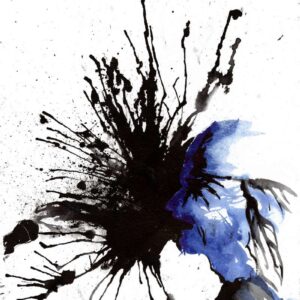 Avant-garde metal music profile layout by Den Unge Herr Holm featuring a blue screaming silhouette with a black ink explosion.