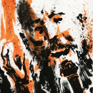 Ink and orange watercolor portrait of a bearded metal vocalist screaming into a microphone on a splattered stage by Kim Diaz Holm.