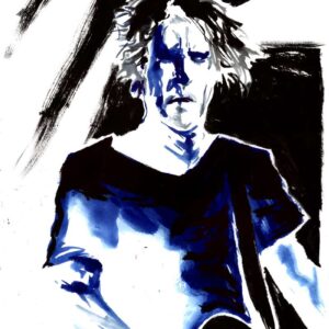 Gothic rock band musician portrait by Den Unge Herr Holm featuring a guitar player with blue ink face details.