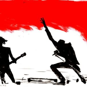 Gothic metal band performance scene by Den Unge Herr Holm featuring dark silhouettes performing under a bold red sky.