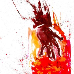 Extreme music blood hand element by Den Unge Herr Holm featuring a dripping red palm silhouette over a fiery background.