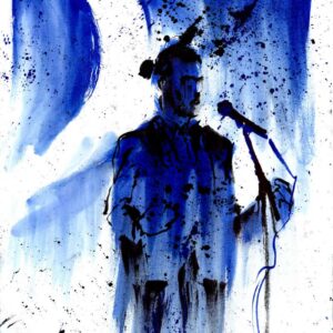 Atmospheric black metal concert silhouette by Den Unge Herr Holm featuring a singer in blue watercolor with a crescent moon.