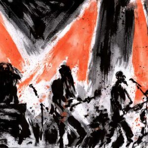 Heavy metal concert art ink illustration by DenUngeHerrHolm featuring a band performing live on stage with red background lights.