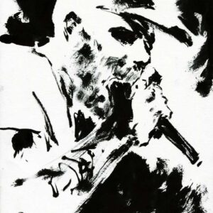Aggressive black ink painting of a heavy metal vocalist screaming into a microphone in a live concert style by artist Kim Diaz Holm.