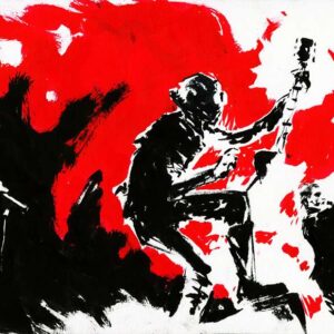 Ink and red watercolor painting of an extreme metal band performing live with a bold crimson background by artist Kim Diaz Holm.