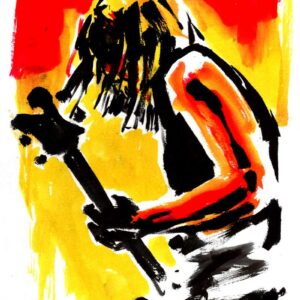 Expressive heavy metal band guitarist ink painting by Den Unge Herr Holm featuring intense yellow and red background colors.