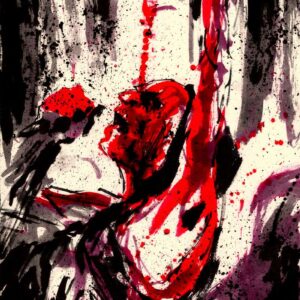 Live rock musician concert piece by Den Unge Herr Holm featuring a shouting singer under dark textured red stage lights.