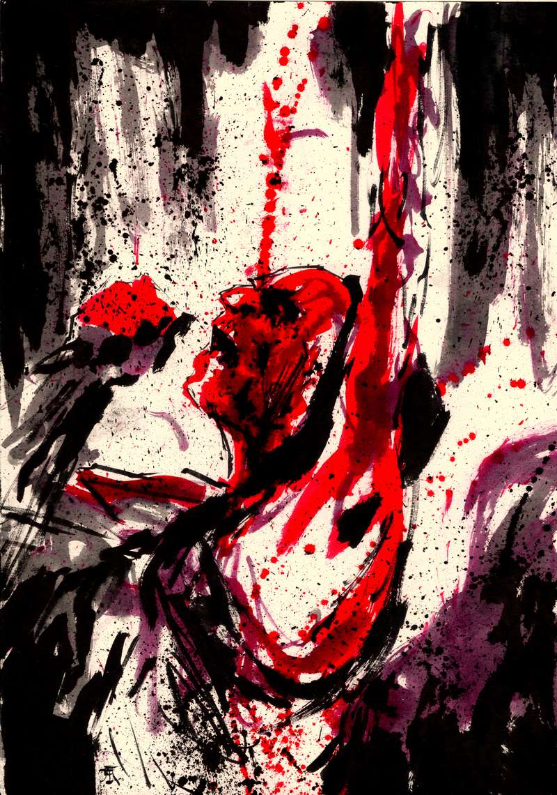 Live rock musician concert piece by Den Unge Herr Holm Live rock musician concert piece by Den Unge Herr Holm featuring a shouting singer under dark textured red stage lights.