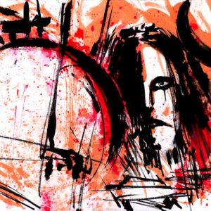 Extreme metal music portrait by Den Unge Herr Holm featuring dark corpse paint makeup and abstract red symbols.