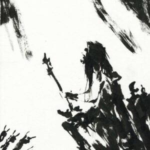 Monochrome heavy metal concert ink drawing featuring a hooded vocalist silhouette performing live with crowd raising metal horns.