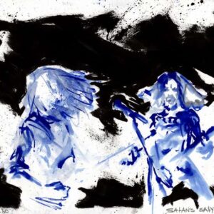 Doom metal band concert scenery by Den Unge Herr Holm featuring blue musician silhouettes under a heavy black ink sky.